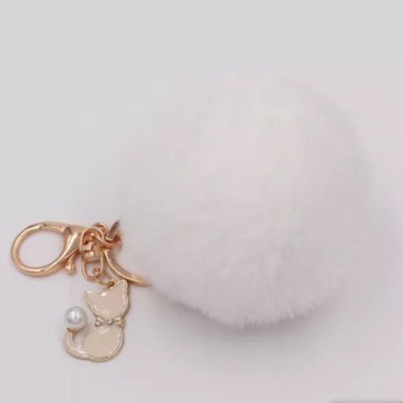 TT-Rabbit Faux Fur Ball Key Chain / Purse Accessory with Cat - White - Picture 1 of 3